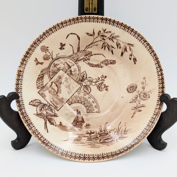 Antique New Wharf Pottery Tennyson Saucers Plates 2 Brown White Transferware 6" - Picture 6 of 12